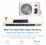 Most Energy Efficient Air Conditioner 1.5 Ton Most Energy Efficient Air Conditioner 1.5 Ton Most Energy Efficient Air Conditioner 1.5 Ton Most Energy Efficient Air Conditioner 1.5 Ton Most Energy Efficient Air Conditioner 1.5 Ton Moseta Most Energy Efficient Air Conditioner 1.5 Ton In stock, ready to ship Sale price Rs. 48,400.00 Regular price Rs. 76,800.00 Discounted amount Save 36% Sale Quantity - 1 + Follow Us or Shop Facebook Facebook Instagram Description Why Purchase This Product? Reduce Carbon Emissions by Up to 80% A sustainable and eco-friendly cooling solution that significantly lowers your carbon footprint. Low Carbon Cooling Solution Enjoy a cooling system that prioritizes environmental care with reduced energy consumption. Save Up to 80% on Electricity Bills Compared to Regular Air Conditioners Experience substantial savings without compromising on comfort. Save 50% on Electricity Bills Compared to a 5-Star Rated Split Air Conditioner. Our product is more efficient than even the highest-rated energy-saving models. Consumes Only 3 to 4 Units of Electricity for 10 Hours of Use In comparison, other air conditioners consume a minimum of 10 units. This means a daily saving of 6 to 7 units, translating to 3 to 4 kg of coal saved daily—helping reduce environmental pollution. Model Name: 1XSE150 Package Includes: Solar AC System: Indoor Unit Outdoor Unit Remote Control Filters: Anti-Dust & Bacterial Filter Refrigerant: R32 Refrigerant Gas Protection & Features: Voltage Fluctuation Protector Easy-to-Clean Filter Smart Installation Turbo Cooling Mode Performance Specifications: Ton Equivalent: 1.5 T Cooling Capacity: 18,000 BTU Starting Current: 0.25 Amps Running Current: 4.5 Amps ± 1 Amp Air Flow: 754 CFM Refrigerant: R32 Per Hour Unit Consumption: 0.5 Units (as per usage) Compressor Type: BLDC/MVC Air Filtration: Air Filter Efficiency: 95% Power Input: Voltage: DC + AC Volt Dimensions & Weight: Indoor Unit Dimensions: 900 × 300 × 295 mm Indoor Unit Weight: 10–20 Kg Outdoor Unit Dimensions: 381 × 610 × 914 mm Outdoor Unit Weight: 35–40 Kg Solar Panel & Inverter: Direct Indoor Fan Mode Warranty: 1-Year Comprehensive Warranty 10-Year Warranty on Compressor